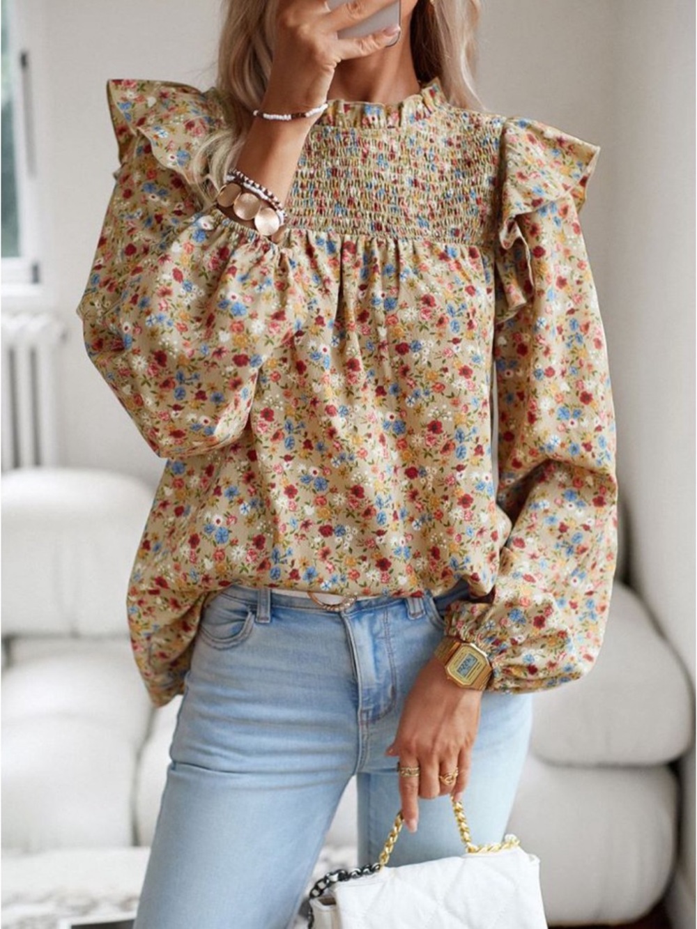 NWT L Love Floral Smocked Ruffle Long-Sleeve Top - size large